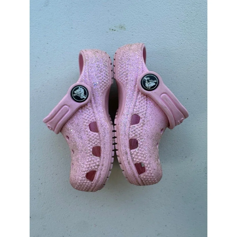 Crocs Toddler Girl Pink Classic Glitter Croslite Foam Round Toe Slip On Clogs 6